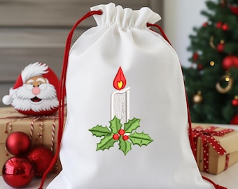 Festive Holly Embroidery: Christmas Candle Design (Instant Download)