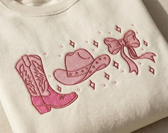 Western Cowgirl Embroidery Design  Cowboy Boot and Hat Machine File - Country Girl Rodeo Digital Pattern for Denim Jackets & Totes  4x8 Hoop