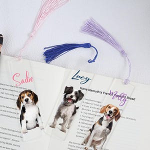 Peut inclure: Trois marque-pages transparents en acrylique avec des illustrations de chiens et des accents de pompons. Chaque marque-page présente une race de chien différente et un nom : Sadie, Lucy et Molly. Un stylo noir et or rose repose sur le livre ouvert.