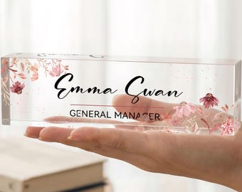 Plaque nominative en acrylique personnalisée pour bureau, Plaque nominative florale personnalisée pour bureau, Plaque nominative pour l'employé, Cadeau pour collègue, Décoration de bureau