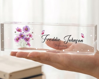 Gepersonaliseerde acryl naambordje, aangepast bloemennaambordje, bureau decor cadeau voor vrouwen, secretaresse cadeau, verjaardag plaquette bloem bureau