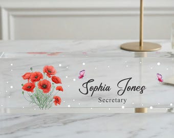 Placa de escritorio acrílica personalizada con nombre, letrero floral personalizado, regalo de decoración para escritorio de oficina para mujeres, regalo para secretaria, diseño floral de cumpleaños.