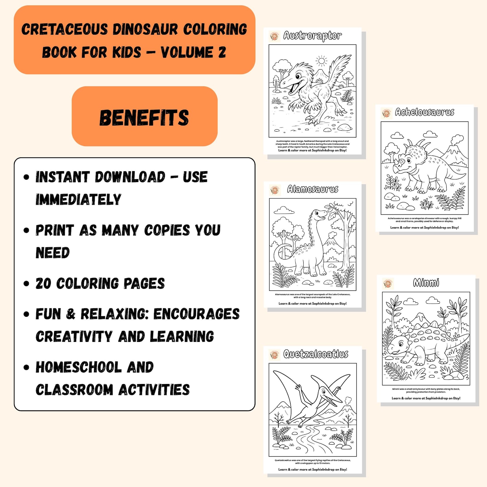 Dinosaur Coloring Book for Kids: 20 Cretaceous Dino Pages (printable ...