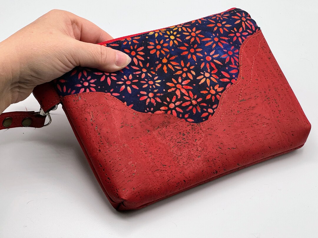 Cork and Fabric Wristlet Featuring Reddyed Portuguese Cork and Batik