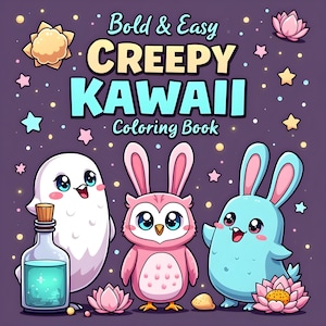 Libro para colorear kawaii espeluznante, lindas páginas digitales de terror, arte extraño imprimible para niños y adultos, PDF para colorear espeluznante y tierno.