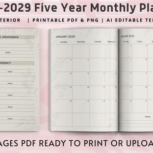 2025-2029 Digital Monthly Planner | 5-Year Digital Planner | Goodnotes Notability | Printable Planner | Minimalist Design