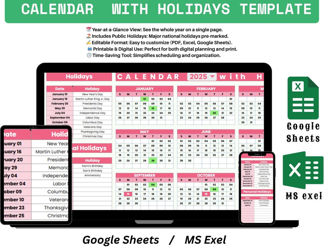 Printable Yearly Calendar With Holidays 2025 – Editable Template for ...