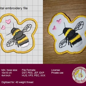 Könnte beinhalten: Eine digitale Stickdatei und ein physischer Stickaufnäher mit einer Hummel mit gelben, schwarzen und weißen Streifen, begleitet von zwei kleinen rosa Herzen auf weißem Grund mit gelbem Rand. Der Text lautet Digital embroidery file.