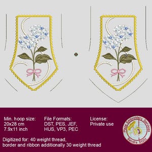 May include: An embroidered design featuring a floral arrangement with blue and white flowers, green leaves, and a pink ribbon. The design is framed by a gold border and pearl accents. The minimum hoop size is 7.9x11 inches.