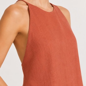 Linen Maxi Dress, Sleeveless High Neck A-Line Dress with Pockets, Summer Vacation Dress
