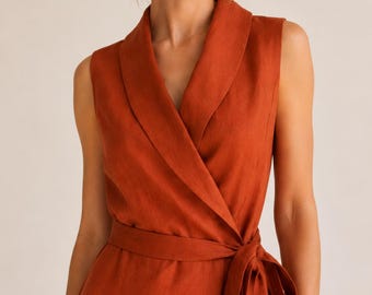 Abito midi a portafoglio in lino, senza maniche, con scollo a V profondo e cintura in vita, elegante abito da invitata a un matrimonio.