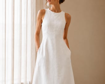 Linen Maxi Dress, Sleeveless High Neck A-Line Dress with Pockets, Minimalist Summer Dress