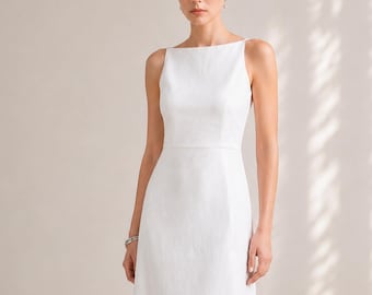 Abito midi in lino, abito da sposa civile a trapezio senza maniche con scollo a barca