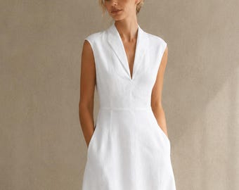 White Linen Midi Dress, Structured V-Neck Sleeveless A-Line Dress with Pockets