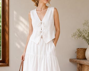 Top a canotta in lino con nodo sul davanti, blusa corta senza maniche con scollo a V, top estivo in lino per resort