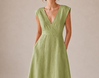 Linen Maxi Dress, Deep V-Neck Cap Sleeve V-Back A-Line Dress with Pockets