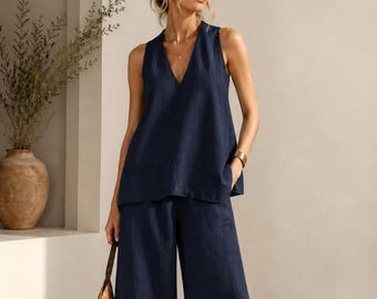 Matching Linen Set, V Neck Linen Top Wide Leg Pants, Hand-Tailored, Linen Set Women, Smart Casual Two Piece Vacation Outfit