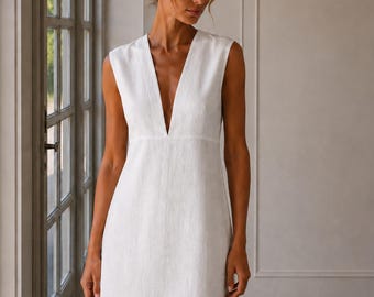 Linen Midi Dress Deep V Neck Sleeveless Structured Fitted, Hand-Tailored, Linen Dress Women, Minimalist Elegant Dress