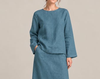 Completo due pezzi in lino da donna, top a maniche lunghe e gonna lunga, outfit minimalista in lino, completo in lino bianco, abbigliamento a strati autunnale