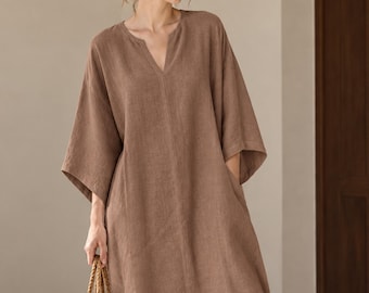 Abito caftano in lino da donna, abito lungo in lino, abito in lino oversize, abito caftano ampio, abito minimalista da resort