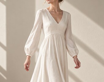 Linen Maxi Dress, V-Neck Empire Waist Long Bishop Sleeve Fall Wedding Dress with Pockets