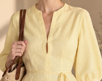 Abito midi in lino da donna, abito in lino con maniche a sbuffo, abito con cintura in vita, abito in lino stile cottagecore, abito in lino autunnale