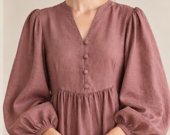 Linen Maxi Dress, V-Neck Button Front Long Puff Sleeve A-Line Fall Dress with Pockets