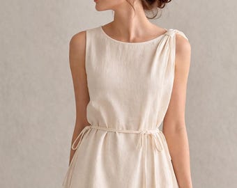 Natural Ivory Linen Midi Dress Sleeveless, Boat Neck Cord Tie Waist A-Line, Hand-Tailored Linen Dress Women, Minimalist