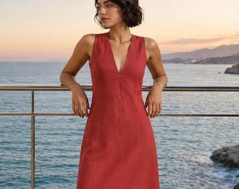 Linen Midi Dress Sleeveless Deep V Neck, Fitted A-Line Hand-Tailored, Linen Dress Women, Summer Date Night