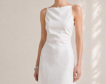 Linen Midi Dress, Sleeveless Boat Neck, Fitted Waist A-Line, Hand-Tailored Minimalist