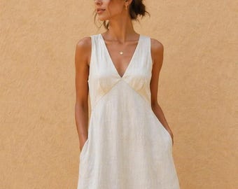 Linen Maxi Dress, Sleeveless V Neck, V Back, Empire Waist, Pockets, Hand-Tailored