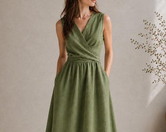 Linen Midi Dress, Sleeveless V-Wrap Twist Waist, A-Line Pockets, Hand-Tailored Women's Minimalist