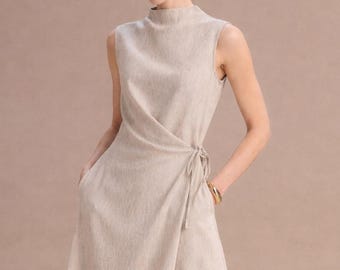 Handmade Linen Wrap Dress | Mock Neck Sleeveless Midi | Natural Beige Vacation Wear