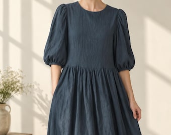 Linen Midi Dress, Puff Sleeve Round Neck Gathered Waist A-Line Fall Dress with Pockets