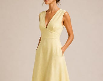 Linen Midi Dress, Shawl Collar Wrap, Cap Sleeve, Twist Knot Waist, Ivory Wedding Dress