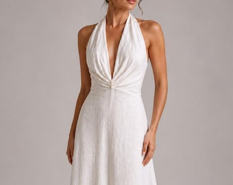 Linen Midi Dress Cap Sleeve Round Neck Pintuck Bodice Cord Tie Waist Pockets, Hand-Tailored Linen Dress Women