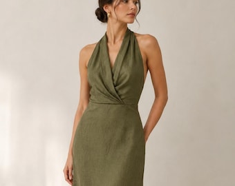 Linen Maxi Dress Halter Wrap V Neck Sleeveless Open Back, Hand-Tailored, Linen Dress Women, Resort Wedding Guest