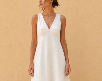 Linen Maxi Dress, Sleeveless V Neck, V Back, Empire Waist, Hand-Tailored