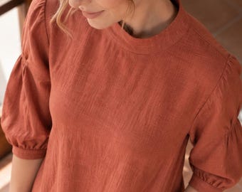 Linen Midi Dress, Round Neck Puff Sleeve Drop Waist A-Line Fall Dress with Pockets