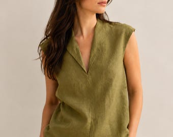 Sleeveless Linen Blouse, Notch Collar V-Neck Top, Relaxed Summer Linen Shirt for Women