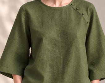 Linen Button Shoulder Top, Round Neck 3/4 Sleeve Relaxed Fall Linen Blouse for Women