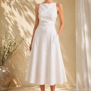 Linen Midi Dress, Sleeveless Boat Neck, Fitted Waist A-Line, Minimalist Bridal Gown image 1