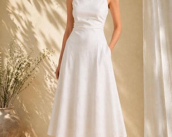 Abito midi in lino, senza maniche, con scollo a barca, vita aderente e linea ad A, abito da sposa minimalista.