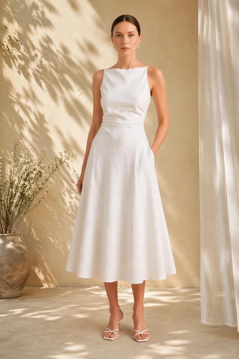 Linen Midi Dress, Sleeveless Boat Neck, Fitted Waist A-Line, Minimalist Bridal Gown image 1