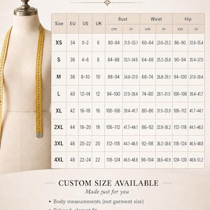 LinenForme women’s size chart showing standard garment sizes, body measurements, and custom sizing availability.