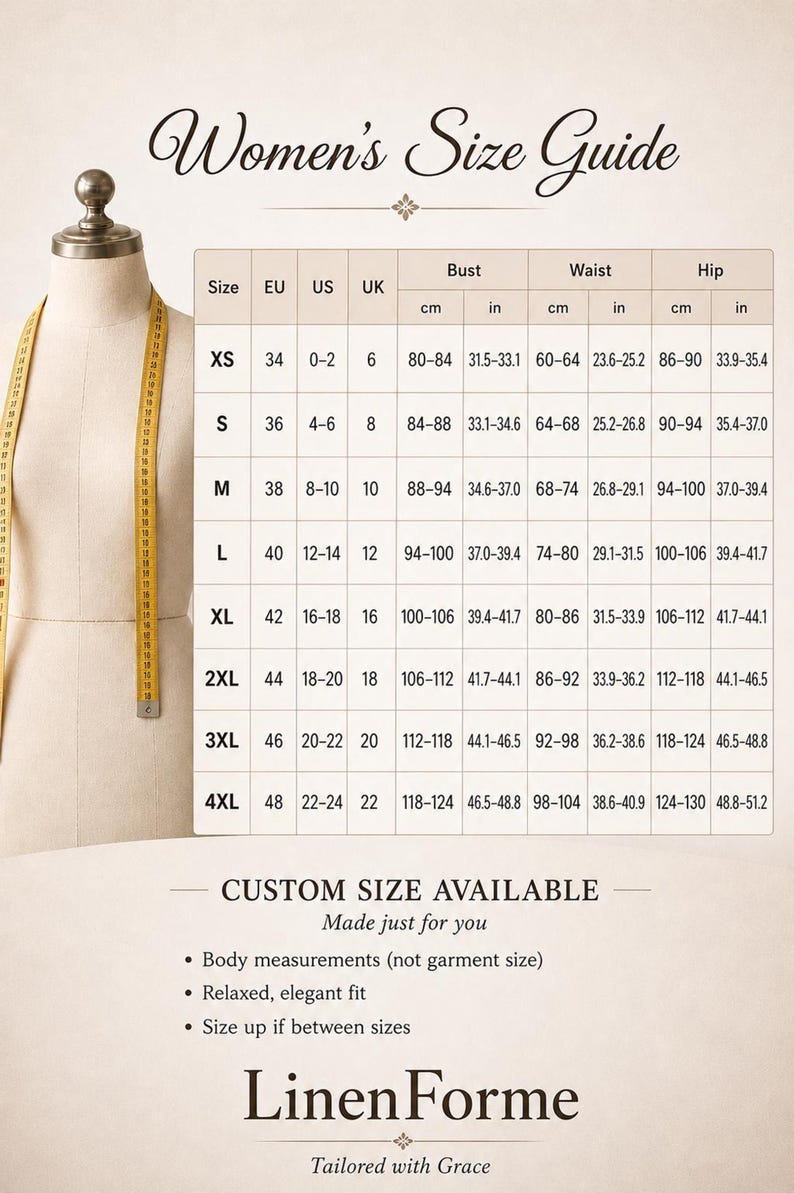 LinenForme women’s size chart showing standard garment sizes, body measurements, and custom sizing availability.
