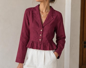 Linen Blazer Top, Notch Collar Button-Front Peplum, Long Sleeve Women’s Smart Casual Workwear