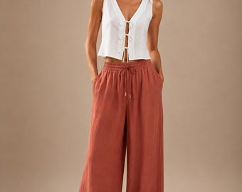 Natural Linen Set, Tie Front Crop Top Wide Leg Pants, Hand-Tailored, Linen Set Women, Resort Vacation linen set