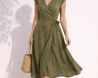 Olive Green Linen Wrap Dress, Sleeveless V-Neck Side-Knot Midi Wedding Guest Dress