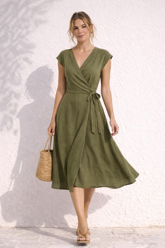 green linen wrap dress Olive Dress, Sleeveless V-neck Side-knot Midi Wedding Guest elegant summer linen dresses